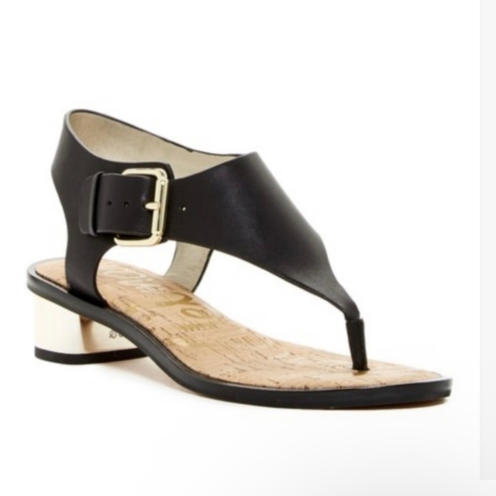 Sam Edelman black leather sandals with gold heel